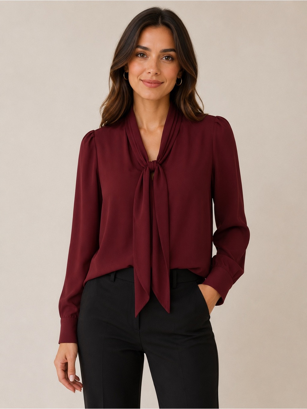 Ann Taylor Women's Tie-Neck Blouse in Burgundy
